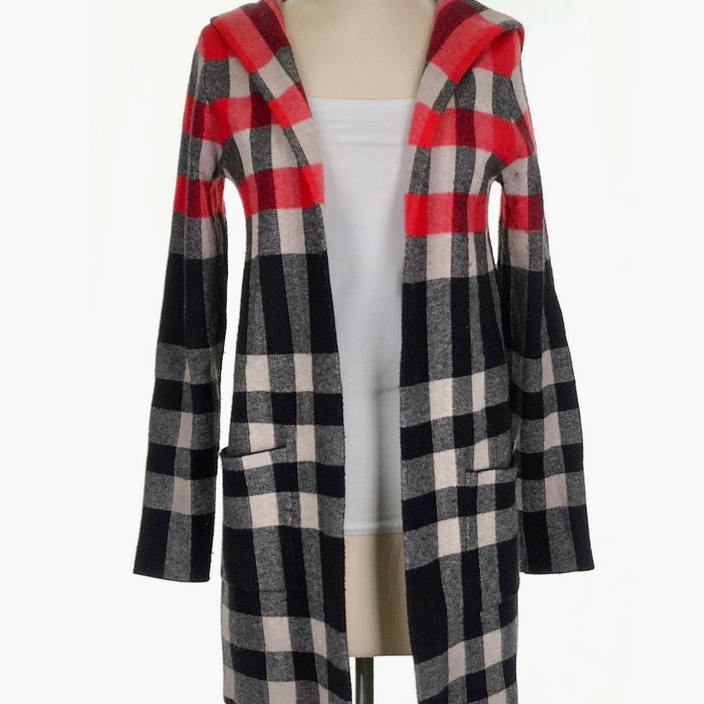 Tahari Red, tan and Black Plaid Hooded Cardigan